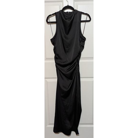 CeCe Black Satin Mock Neck Sleeveless Drape Ruched Sheath Midi Dress Size 10 - Picture 5 of 11